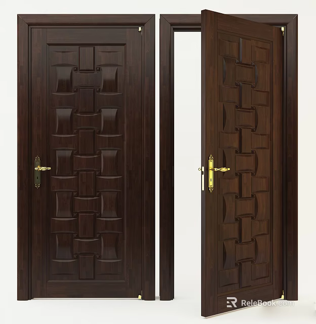 Dark Brown Wooden Hinged Door With Intricate Woven Pattern And Golden Handle 3d model 