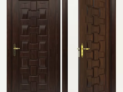 Dark Brown Wooden Hinged Door With Intricate Woven Pattern And Golden Handle 3d model