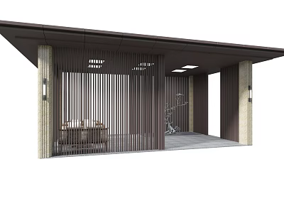 Covered Outdoor Leisure Area With Wooden Grille Stone Pillars Ceiling Lights And Fitness Equipment 3d model