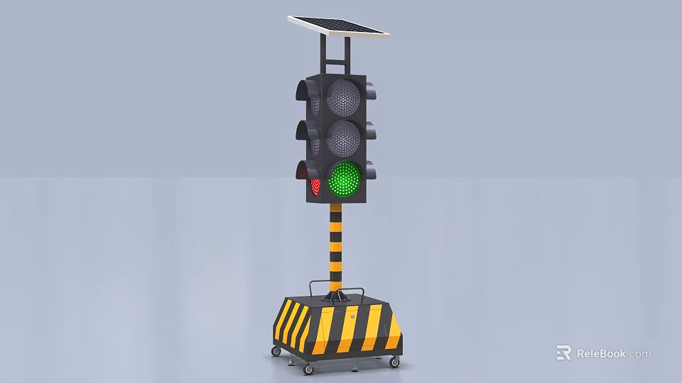 Mobile Traffic Light With Solar Panel Green Signal And Yellow Black Striped Base 3d model 