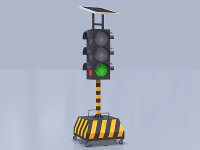 Mobile Traffic Light With Solar Panel Green Signal And Yellow Black Striped Base 3d model