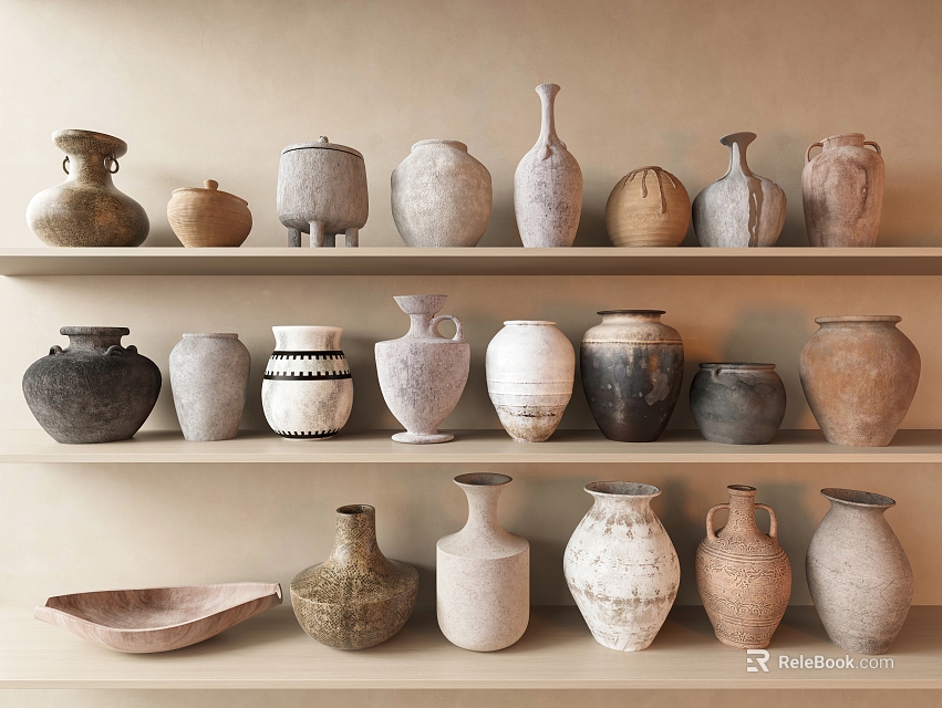 Various Handcrafted Ceramic Vessels in Rustic Shapes and Earthy Tones on Display Shelves 3d model 