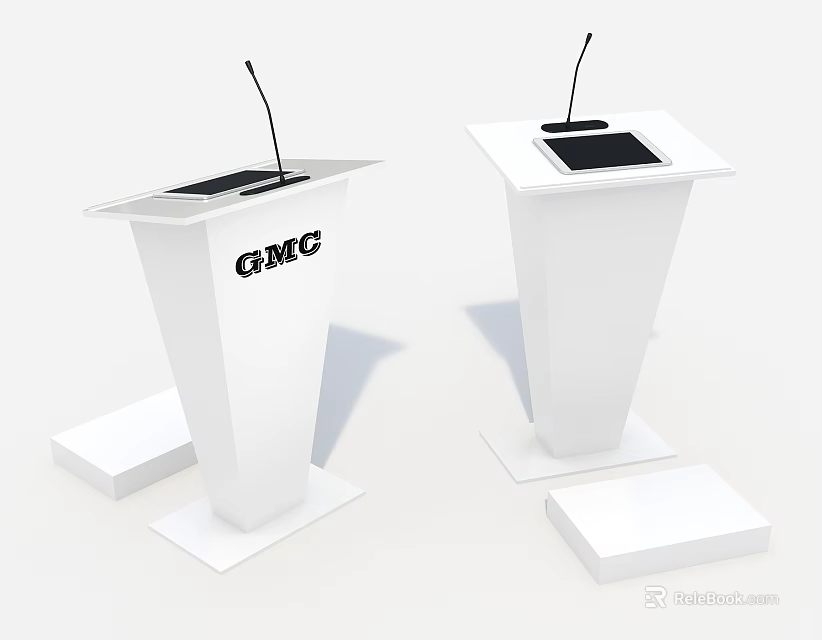 White Podiums Featuring Microphones And CMG Logos Along With Small Steps 3d model 