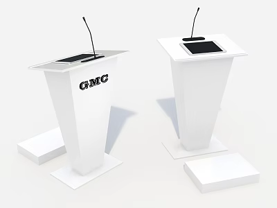 White Podiums Featuring Microphones And CMG Logos Along With Small Steps 3d model