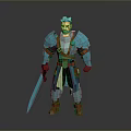 Low Poly Game Movie Warrior Character With Blue Armor Red Accents And Sword