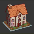 Small House with Orange Roof Chimney White Walls Red Door Red Fence and Green Tree