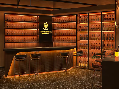 Modern Bar Interior With Shelves Stocked With Bottles Bar Counter Bar Stools And Warm Lighting 3d model