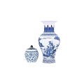 Traditional Blue and White Ceramic Wares with Landscape Figures and Lidded Jar Design