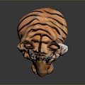 Colorful Tiger Head Sculpture With Orange Black Stripes Green Eyes And Pink Nose