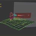 Robotic Game Movie Character Holding Gun Firing Red Laser On Platform With Red Patterns