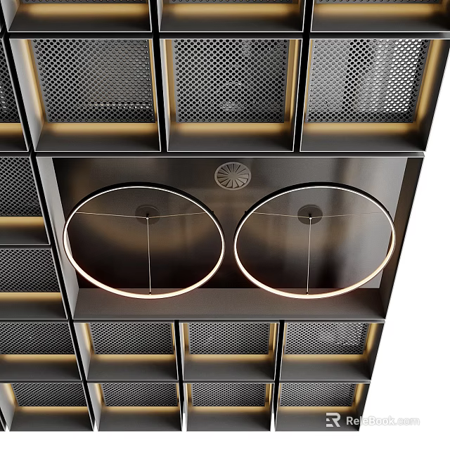 Modern Ceiling Design With Metal Grid Panels And Circular Light Fixtures 3d model 