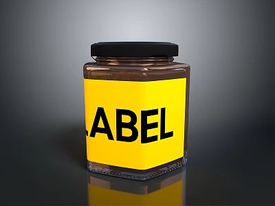 Clear Glass Storage Jar with Yellow Label and Black Lid for Household Daily Use 3d model