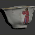 White Pink Ceramic Bowl Sculpture Featuring Painted Figure And Golden Rim