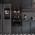 Modern Kitchen Interior With Samsung Appliances Refrigerator Oven Coffee Maker And Black Cabinets