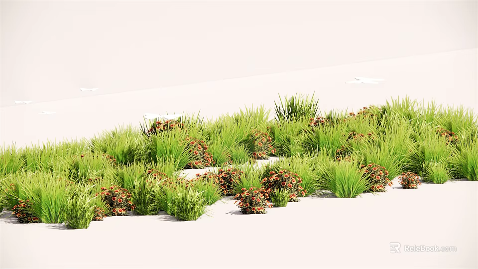 Green Shrubs And Grass With Orange Flowers In White Background Natural Fresh View 3d model 