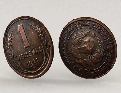1924 Soviet 1 Kopeyka Vintage Collectible Copper Coins With Wheat Ears And CCCP Emblem 3d model