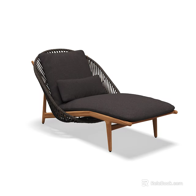 Stylish Modern Wicker Lounge Chair With Dark Cushion And Wooden Legs 3d model 