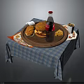 Hamburger And Sandwich With Coca-Cola Coffee On Wooden Tray Plaid Tablecloth
