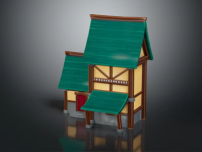 Charming Small Building Featuring Green Roof Yellow Walls Red Door Wooden Structure And Small Awning 3d model