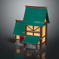Charming Small Building Featuring Green Roof Yellow Walls Red Door Wooden Structure And Small Awning