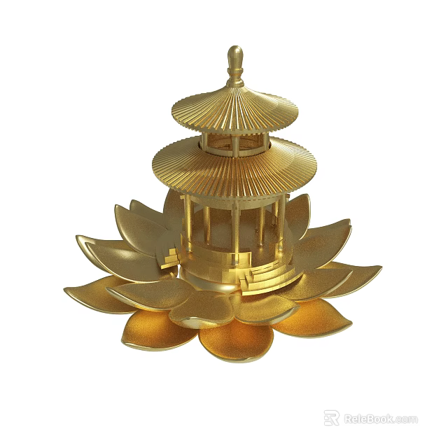 Intricate Golden Pagoda Decorative Ornament With Lotus Petal Base Design 3d model 