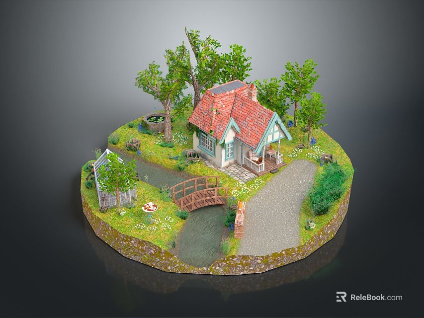 Miniature Landscape With Red Roof Cottage Small Bridge Stream And Green Path 3d model 