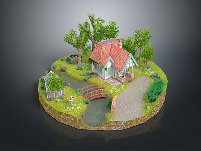 Miniature Landscape With Red Roof Cottage Small Bridge Stream And Green Path 3d model