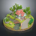 Miniature Landscape With Red Roof Cottage Small Bridge Stream And Green Path
