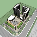 Modern Office Towers With Central Plaza Green Landscape And Surrounding Commercial Area