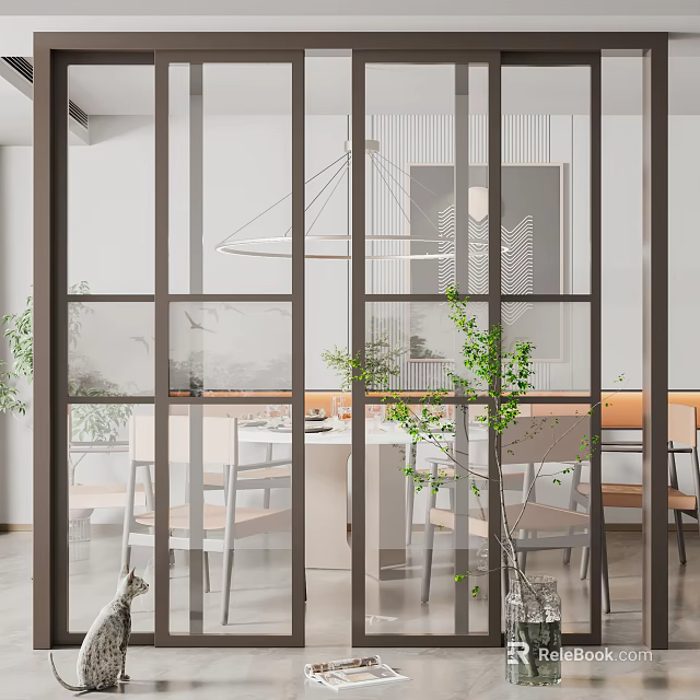 Modern Dining Area With Glass Sliding Doors Black Frame And Green Plants 3d model 
