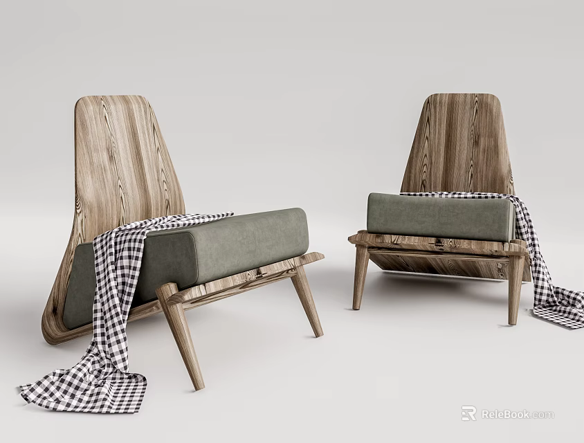 Single Sofa With Wooden Backrest Green Cushion Checkered Blanket And Wooden Legs 3d model 