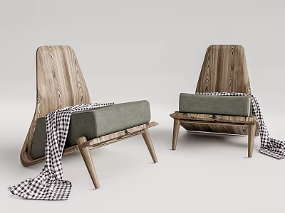 Single Sofa With Wooden Backrest Green Cushion Checkered Blanket And Wooden Legs 3d model