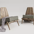 Single Sofa With Wooden Backrest Green Cushion Checkered Blanket And Wooden Legs