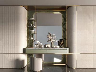 Luxurious Dressing Table With Green Countertop Marble Mirror Golden Accents Side Cabinets And Decorative Stool 3d model