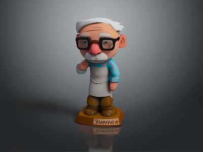 Cartoon Man With White Hair Mustache Wearing Glasses And Blue Apron On Base FLINNFAIR Sign 3d model