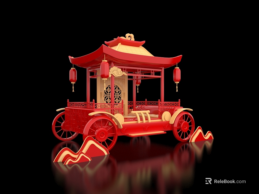 Traditional Red Chinese Carriage With Pavilion Roof Lanterns And Gold Decor 3d model 