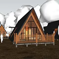 Wooden Cabin with Triangular Roof and Wooden Deck in Lush Natural Surroundings