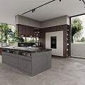 Modern Kitchen Interior Design Featuring Island Counter Gray Cabinets And Large Windows 3d model