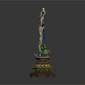 Traditional Furniture Ornament With Blue Gold Intricate Patterns And Auspicious Double Layer Wooden Base