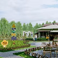 Scenic Garden Landscape With Wooden Cabin Green Plants Stone Path Signposts And Outdoor Tables