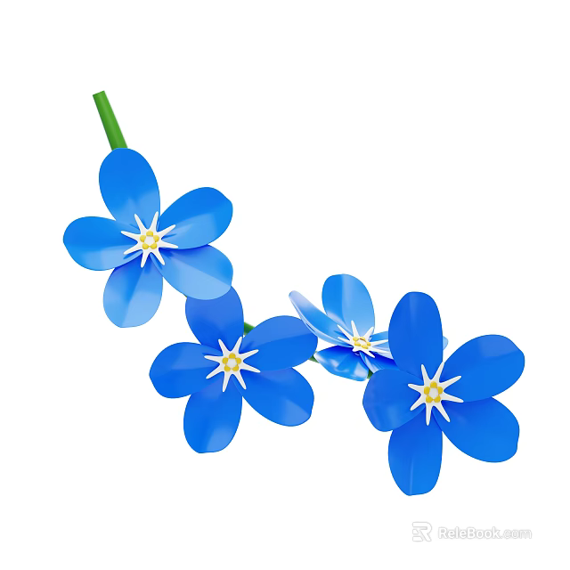 Several Fresh Blooming Beautiful Blue Flowers with Yellow Centers and Green Stems 3d model 