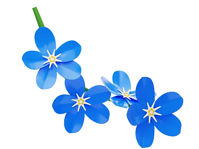 Several Fresh Blooming Beautiful Blue Flowers with Yellow Centers and Green Stems 3d model