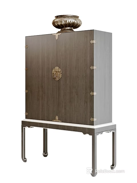 Chinese Style Wooden Decorative Cabinet With Metal Hardware And Door Knocker On Leg Stand 3d model 