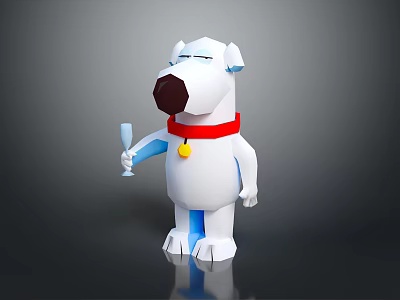 Cartoon White Dog Wearing Red Collar With Yellow Bell Holding Wine Glass On Dark Background 3d model