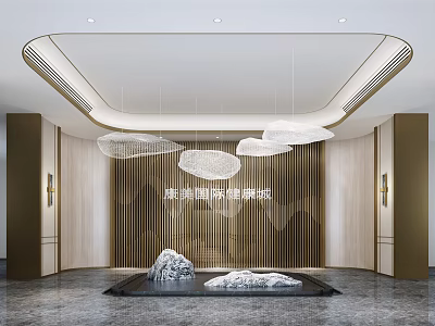 Modern Front Desk Reception Area With Cloud Shaped Pendant Lights And Wooden Panel Wall 3d model