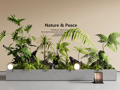 Nature and Peace Plant Combination In Concrete Planter With Ferns Palm Leaves and Lights 3d model