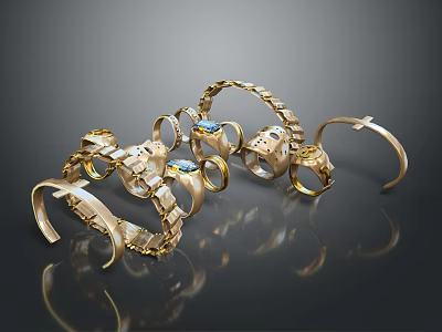 Elegant Modern Luxury Gold Jewelry Accessories Including Rings And Bracelets With Blue Stones 3d model