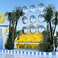 Bonsai Potted Plants With Palm Trees Cactus Yellow Chairs And Blue White Checkered Floor