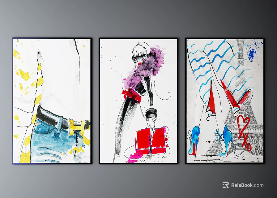Abstract Paintings Triptych With Vibrant Colors Abstract Figures And Decorative Wall Art 3d model 