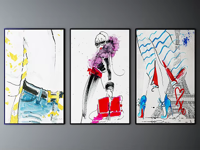 Abstract Paintings Triptych With Vibrant Colors Abstract Figures And Decorative Wall Art 3d model